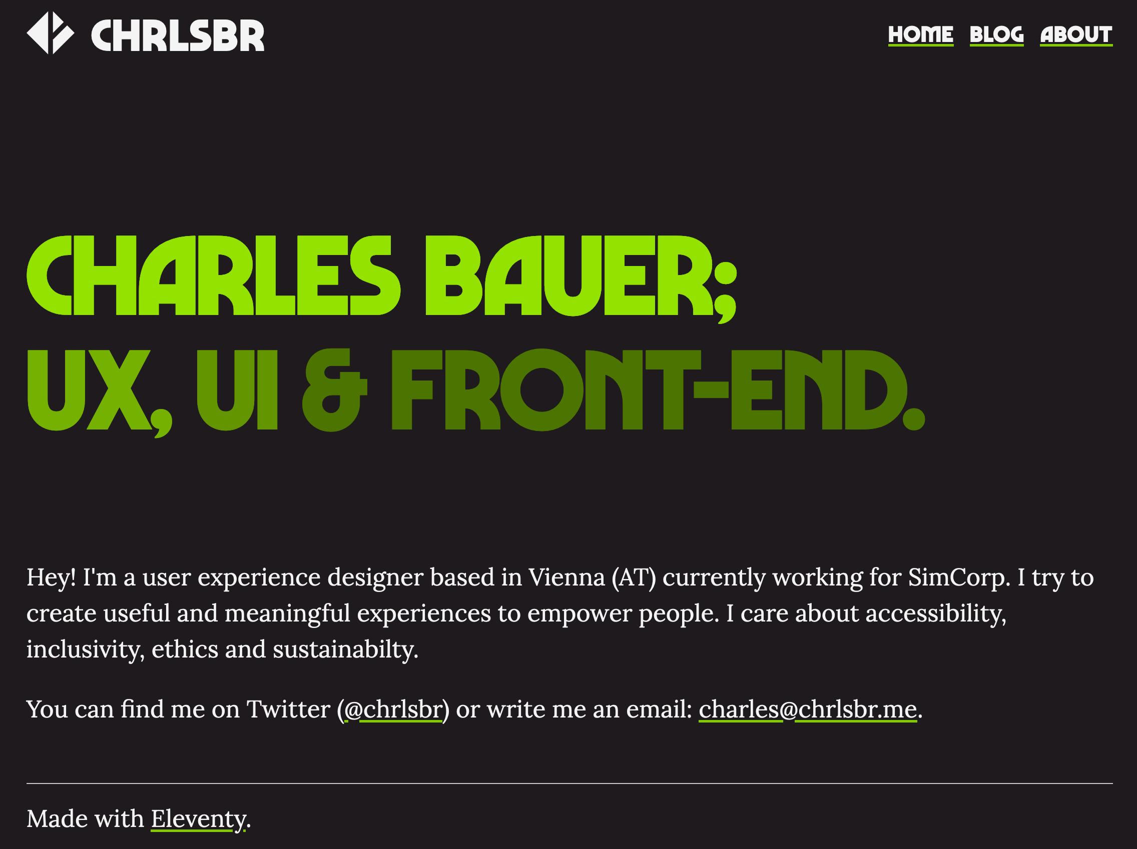 Web page with white text on a dark background, a big & bold green headline in the middle